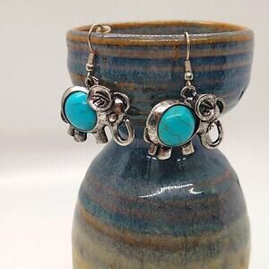 Silver and Faux Turquoise Elephant Dangle Earrings